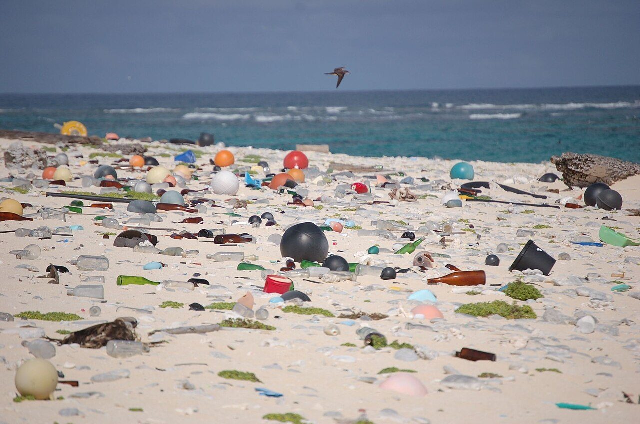 A white sand beach covered in washed up plastic bottles, buoys and fishing floats