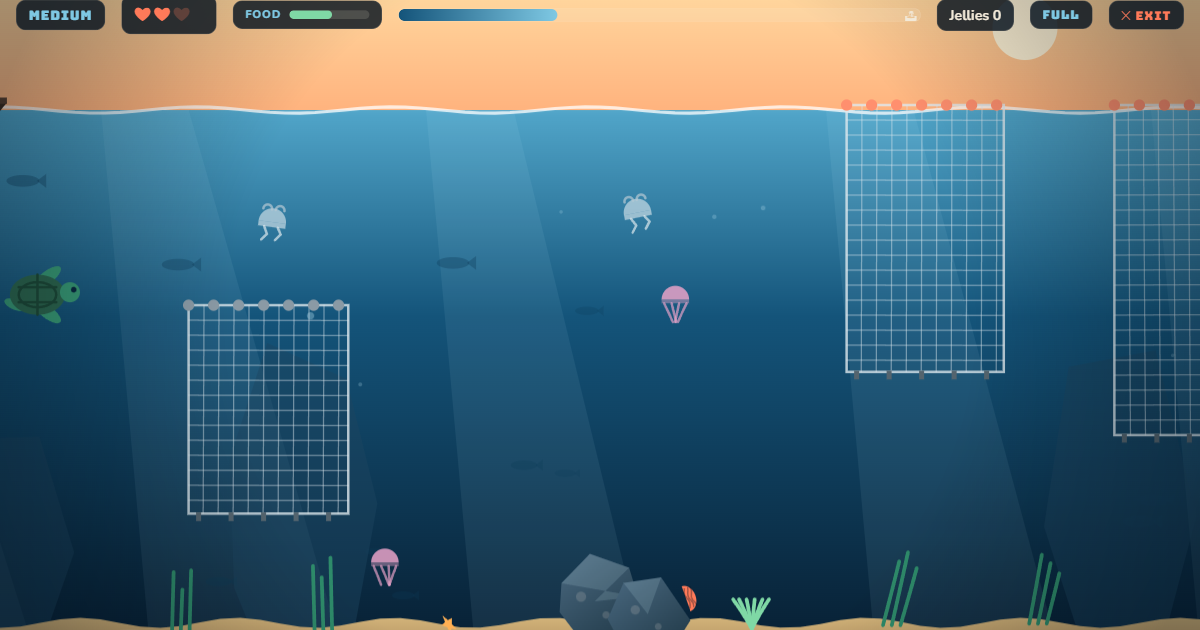 The Long Swim gameplay: a sea turtle dodging fishing nets among jellyfish, coral and rocks